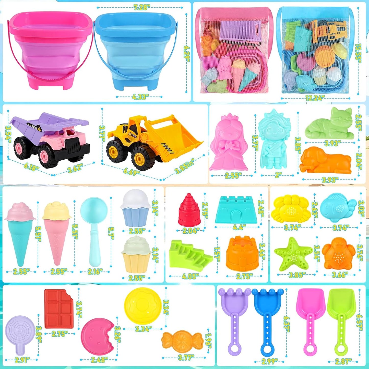 Hot EULRGAUS Beach Toys, 36 PCS Sand Toys with Construction Vehicles, Collapsible Bucket, Princess & Prince and Ice Cream Toys, Sand Castle Building Kit, Beach Shovel, Beach Games for Kids, Boys and Girls