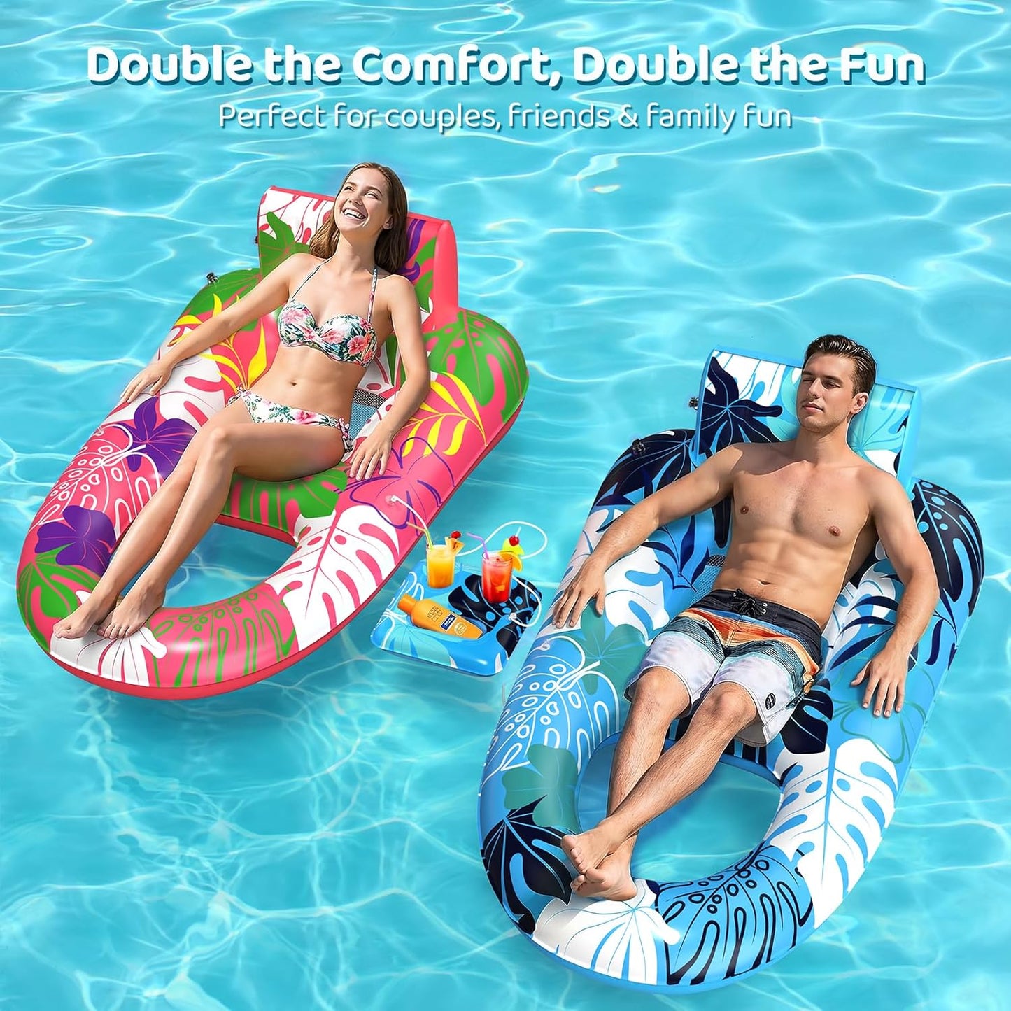 Hot2 Pack Pool Floats Adult Heavy Duty, Inflatable Pool Lounger Float with Detachable Cup Holders & Backrest, Extra Large Pool Rafts Water Floaties for Adults Swimming Pools Beach Lake Party