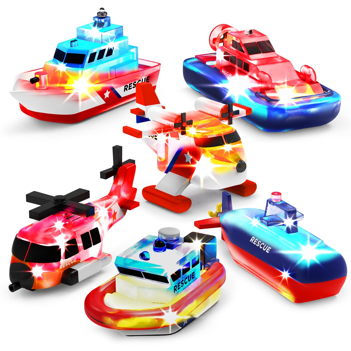 HotTub Works® Ocean Rescue™ Vehicles Light Up Bath Toys, 6 Pack | Water-Activated Light Up Toys Flash & Change Color | Easy-Grip Baby & Toddler Bath Toys | Sensory Toys with Bath Lights for Kids Bath
