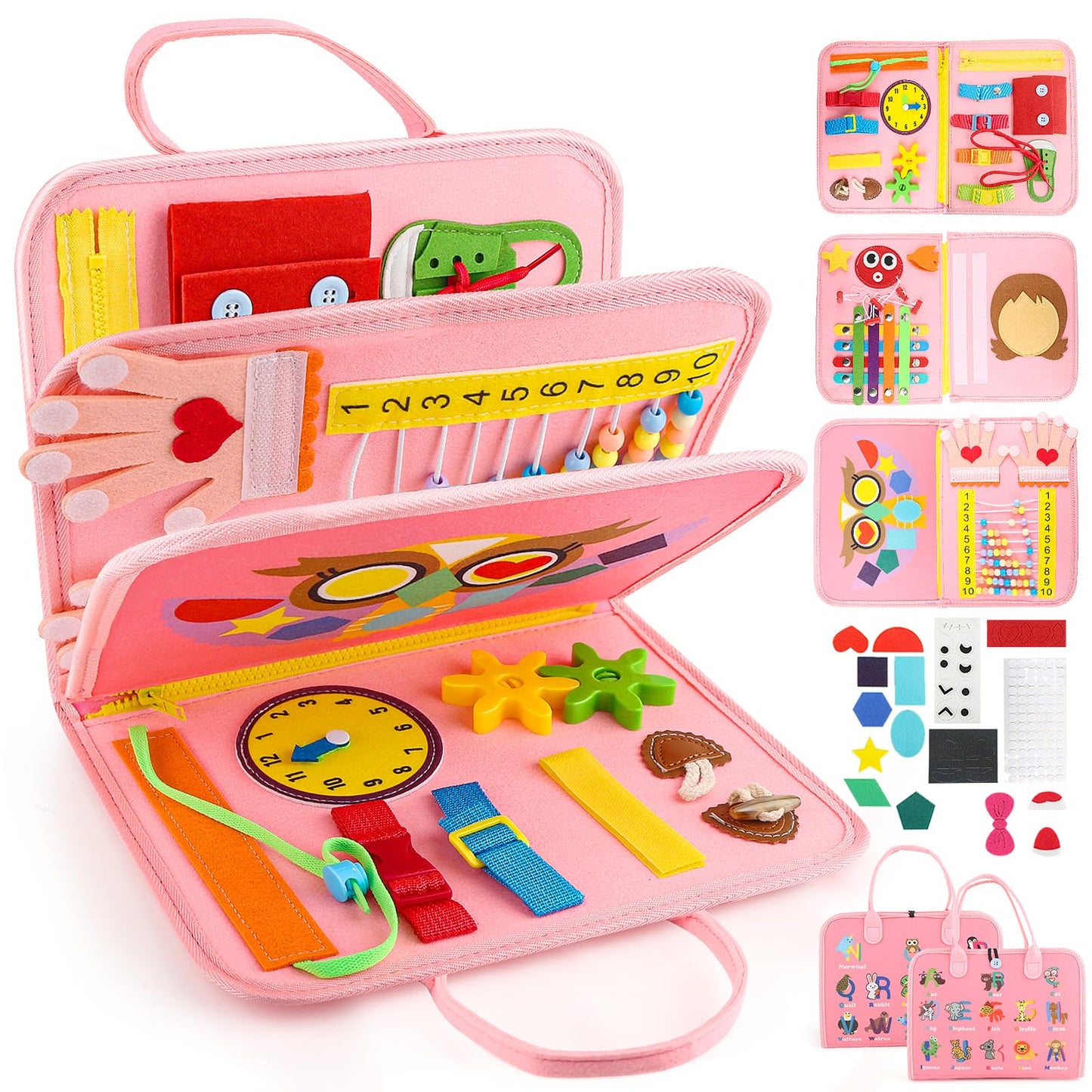 Hot Toddler Busy Board, Montessori Sensory Toys for Boys, 1-4 Year Old Girl Toddler Travel Toys, Educational Learning Activities Board for Motor Skills, Birthday Gifts for Airplane Car, Pink