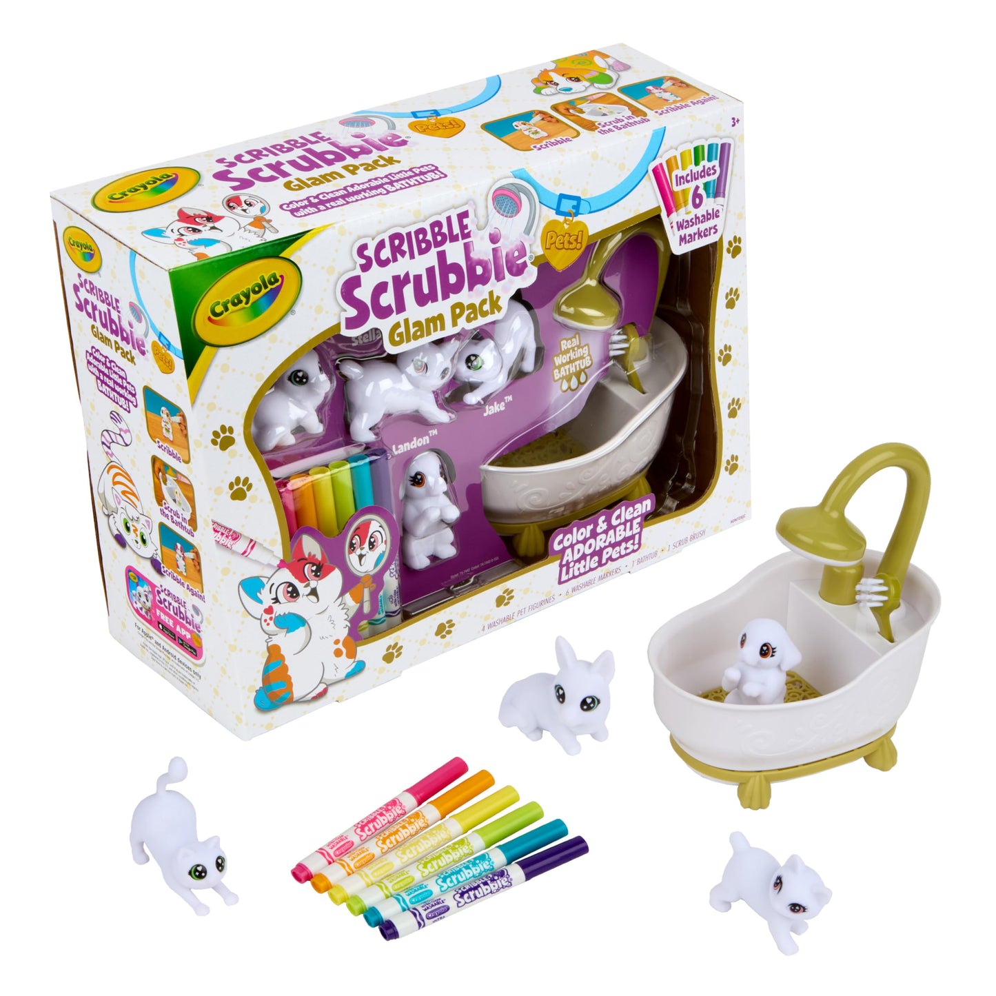 HotCrayola Scribble Scrubbies Glam Pack (4 Pets), Washable Pet Care Toy & Coloring Animal Craft Kit, Gift for Kids, Playset for Girls & Boys, Ages 3+