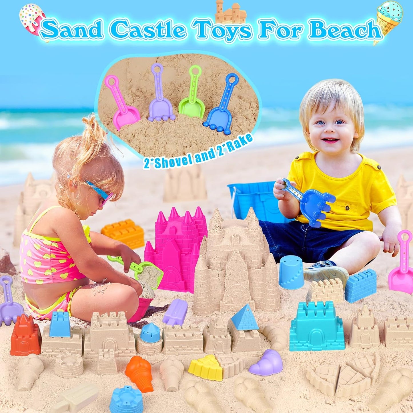 Hot FUSPWEAO Beach Toys Sand Toys for Kids, Sand Castle Toys for Beach with 2 Castle Bucket and Mesh Bag, Sand Molds, Shovels and Rakes, Sandbox Toys for Toddlers, Travel Beach Toys for Kids 3-10