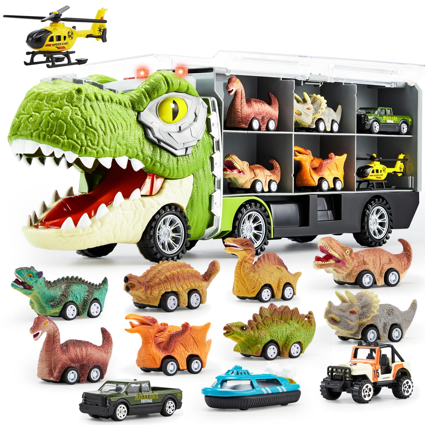 HotJOYIN 13 in 1 Dinosaur Toys for Kids 3-5, Transport Dinosaur Carrier Truck with 12 Pull Back Cars, Toddler Toys 3-4, Birthday Gifts for 3 4 5+ Year Old Boys