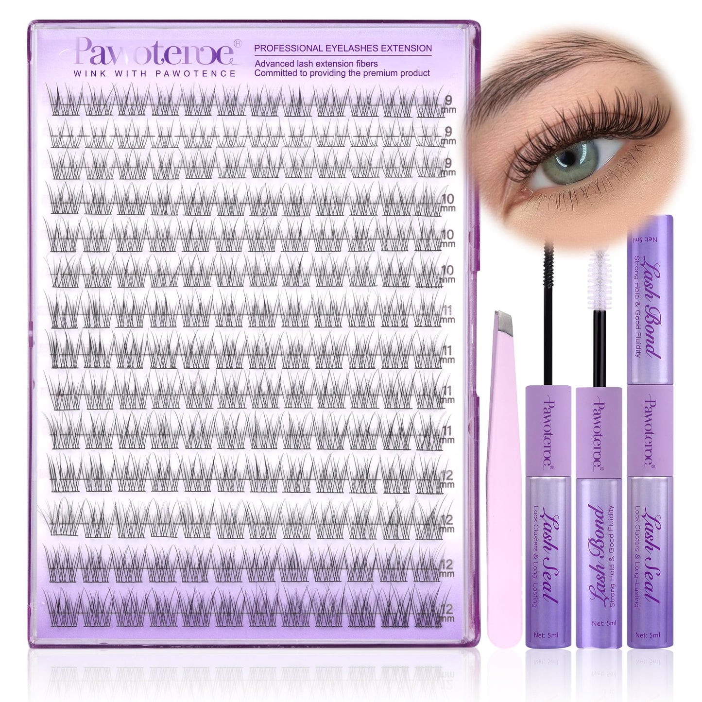 HotPawotence Lash Extension Kit DIY 280pcs Lash Clusters Eyelash Extension Kit, 9-16mm 30D 40D Individual Lashes Kit with Lash Bond and Seal, Lash Tweezers for Self Use (30D&40D, 0.07D, 9-16mm, Kit)
