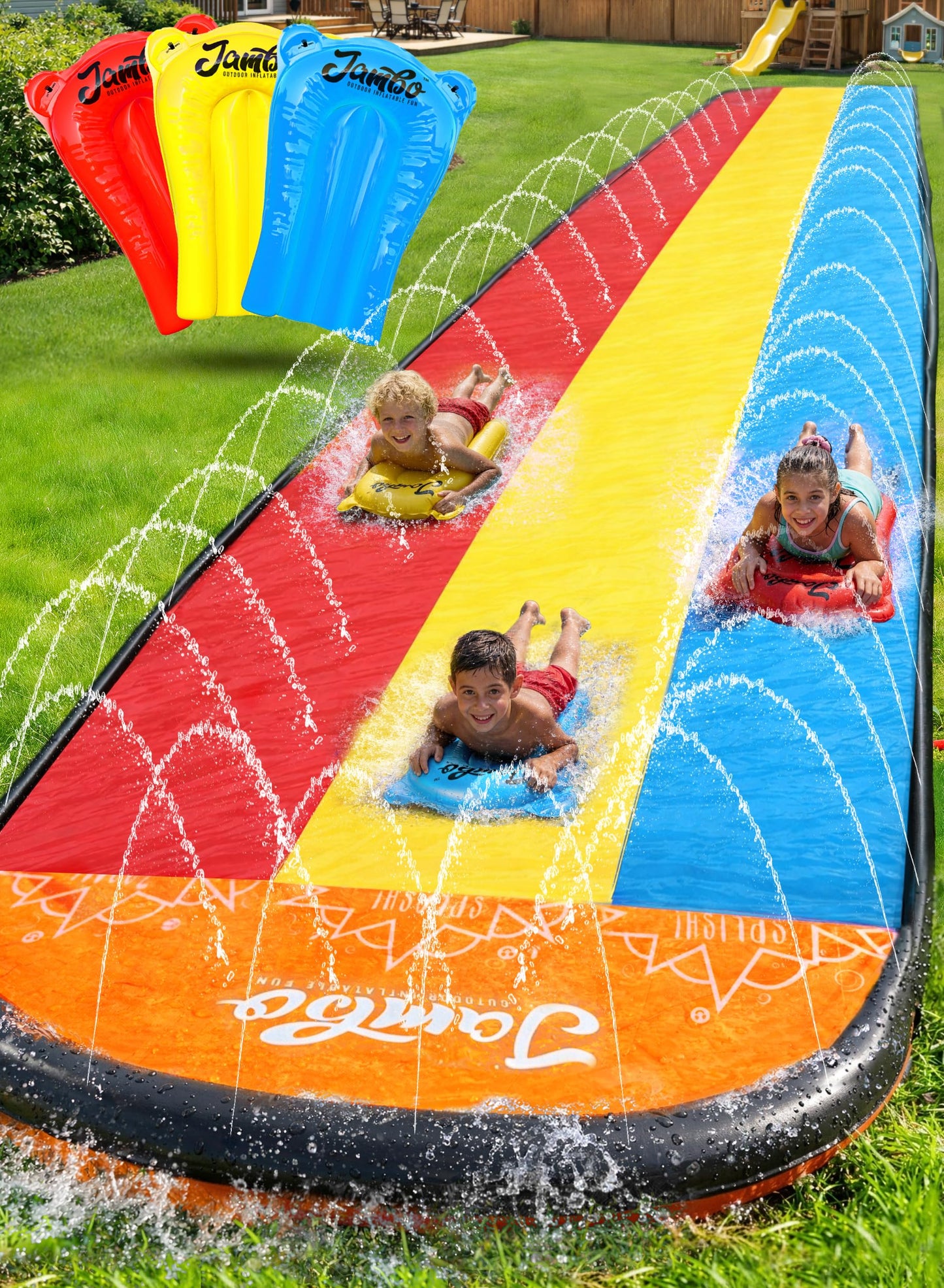 HotJAMBO Premium Triple Water Slide and 3 Bodyboards, 16Ft Heavy Duty Slip Splash and Slides-Advanced 3-Way Sprinkler System, Splash Pad Mat Backyard Summer Outdoor Water Toys n Long Slides for Kids