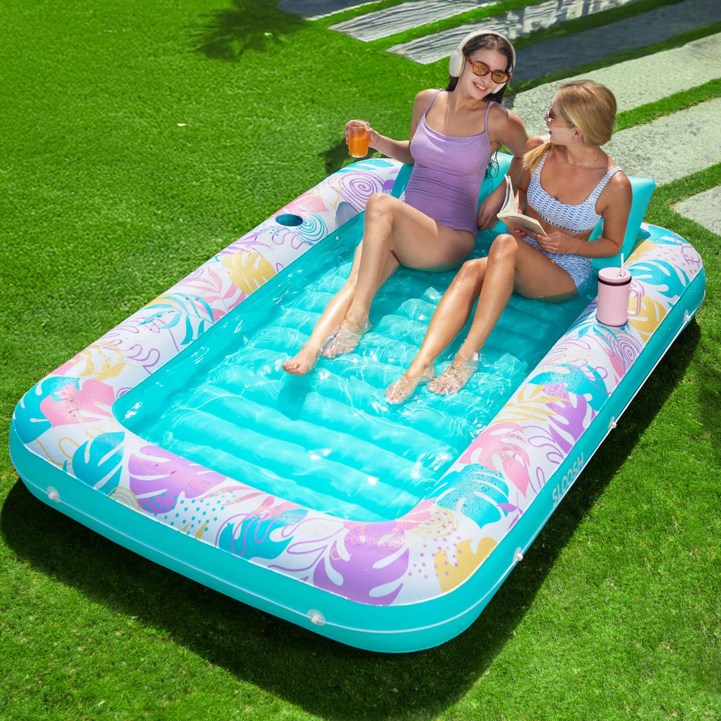 HotSLOOSH Inflatable Tanning Pool Lounger Float, 70" x 46" Pool Floats Adult with Pillow, 4 in 1 Suntan Tub Raft Floatie,Sunbathing Bed Lounge for Water Blow Up Kids Ball Pit Party Gifts, L-Blue