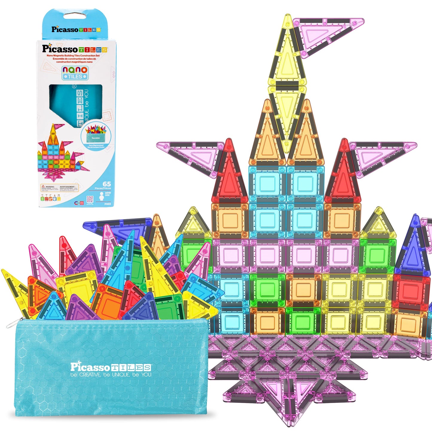 HotPicassoTiles 60 Piece Magnetic Tiles Clear 3D Building Blocks STEM Ages 3+ | Montessori sensory learning, easy small-hand grip, multiplayer group play fun, preschool classroom gifting, smooth safe edges