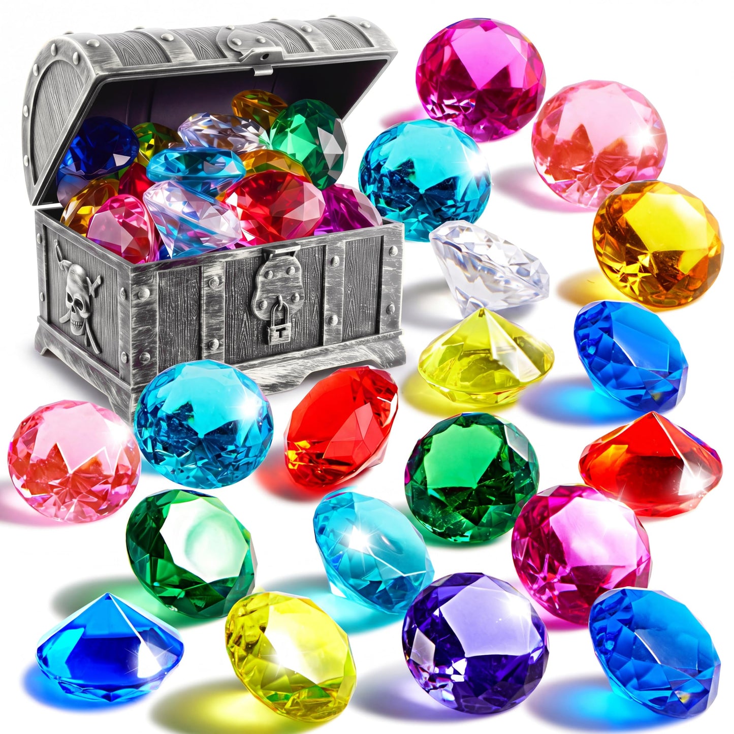 HotSloosh Diving Gems Pool Toys, 16 Big Colorful Diamond with Pirate Treasure Chest,Swim Dive Toy for Kids Underwater Gemstone Swimming Training Gift Water Pool Games(Gold)