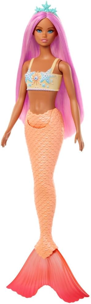 HotBarbie Fantasy Mermaid Doll and Fashions | Pink Fantasy Hair and Headband Accessory, Toy with Starfish-Inspired Bodice and Soft Orange Tail, Ages 3+
