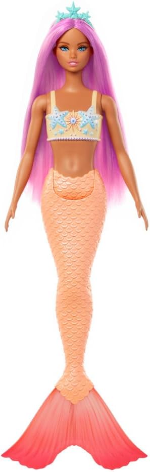 HotBarbie Fantasy Mermaid Doll and Fashions | Pink Fantasy Hair and Headband Accessory, Toy with Starfish-Inspired Bodice and Soft Orange Tail, Ages 3+