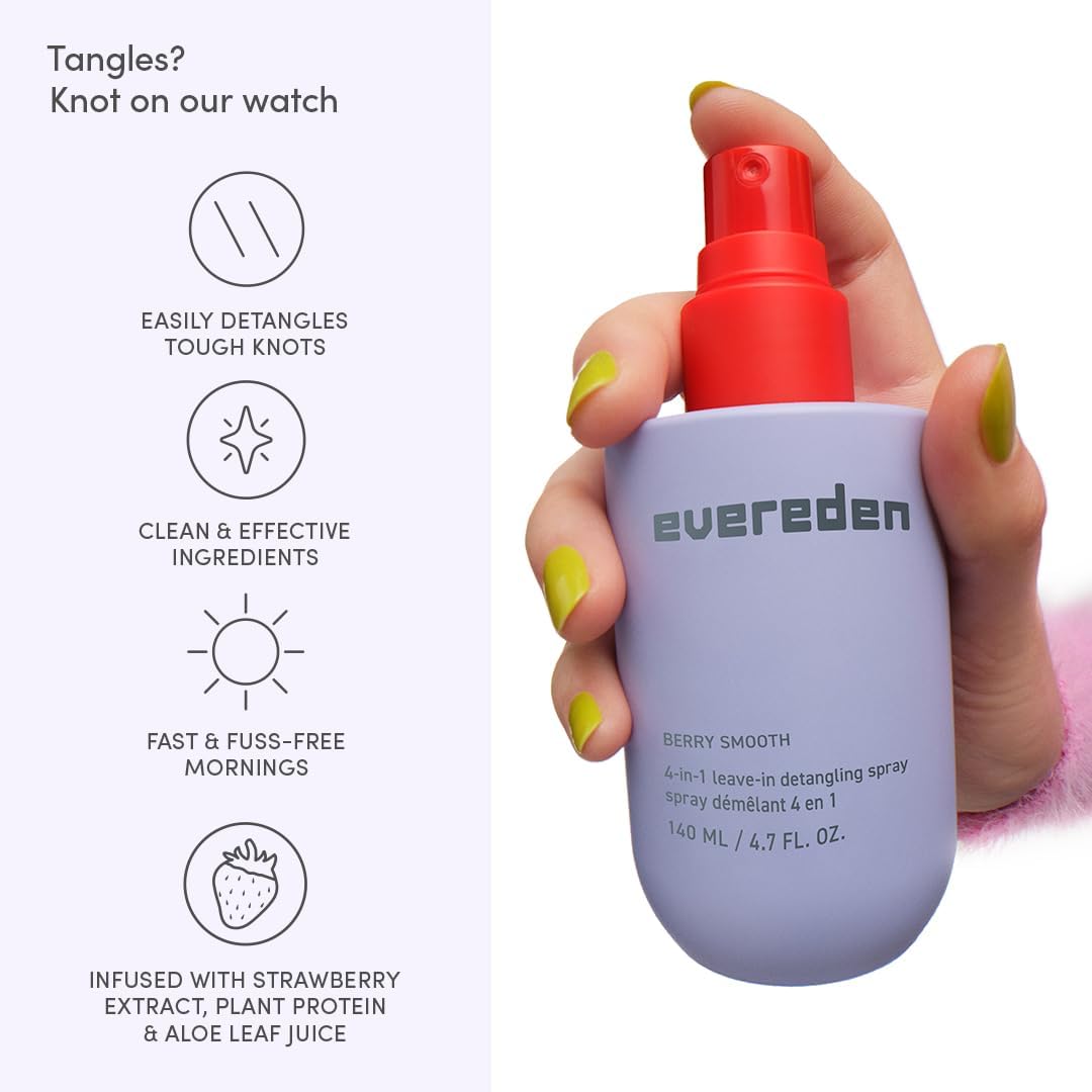HotEvereden Kids 4-in-1 Detangler Spray, Silicone-Free, EWG Verified, Vegan | Developed with Harvard & Stanford Dermatologists, 4-in-1 Leave-In Conditioner for Girls, Straight, Curly Hair, Wet or Dry Use
