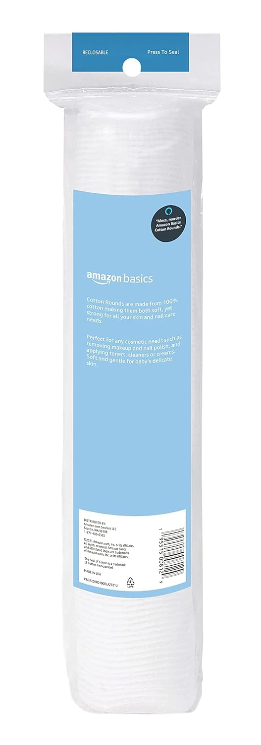 HotAmazon Basics Hypoallergenic 100% Cotton Rounds for Makeup Remover and Skincare, All Skin Types, 600 Count, 6 Packs of 100 Count