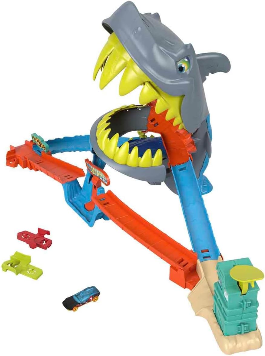 HotHot Wheels City Shark Chomp Beach Playset & 1:64 Scale Toy Car | 1:64 Scale Die-Cast Vehicle & Track Set, 2 Ways to Play, Knock Out the Shark or Get Eaten