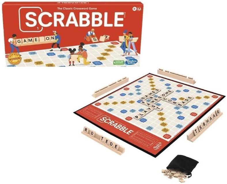 HotHasbro Gaming Scrabble Board Game, Classic Word Games for Kids Ages 8 and Up, Fun Family Game for 2-4 Players, The Classic Crossword Game