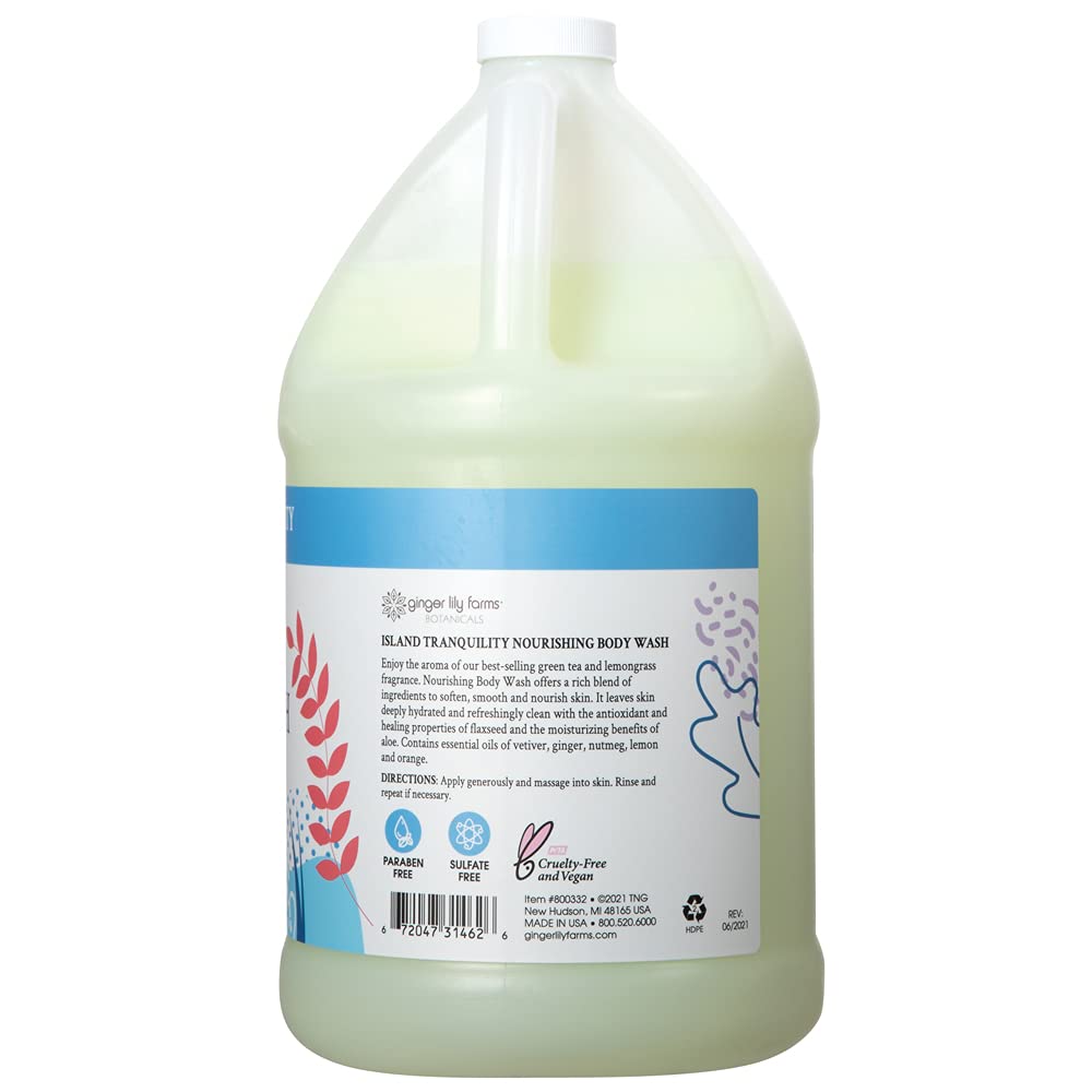 HotGinger Lily Farms Botanicals Nourishing Body Wash, Island Tranquility, 100% Vegan & Cruelty-Free, Green Tea Lemongrass Scent, 1 Gallon Refill (128 fl. oz.)