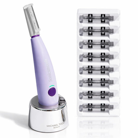 HotMichael Todd Beauty Sonicsmooth Dermaplane Razor for Women Face | Dermaplaning System + Eyebrow Trimmer, Peach Fuzz Remover, 8 Weeks of Dermaplaning Blades, 3-Year Warranty
