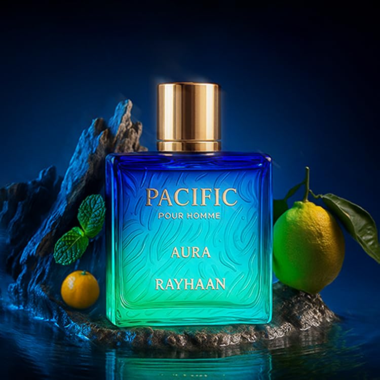 Hot Rayhaan Pacific Aura - Citrus, Aromatic, Mint, Amber, Fresh - Eau de Parfum Spray for Men, 3.4 Ounce / 100 ml