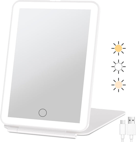 HotFUNTOUCH Rechargeable Travel Makeup Mirror with 72 Led Lights, Portable Lighted Beauty Mirror, 3 Color Lighting, Dimmable Touch Screen, Tabletop LED Folding Cosmetic Vanity Mirror