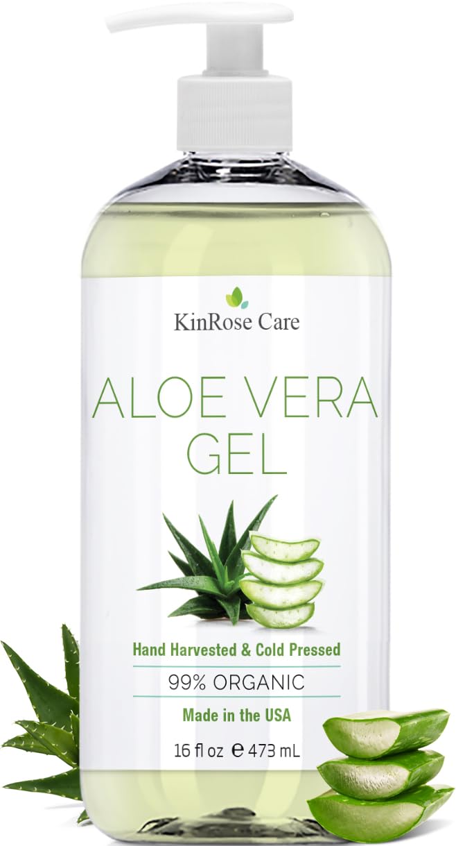 HotKinRose Care, 12oz Aloe Vera Gel for Face, Skin, Hair & Sunburn Relief - From Pure Organic Aloe Vera (99%) - Cold Pressed, Vegan, Unscented - Made in USA.