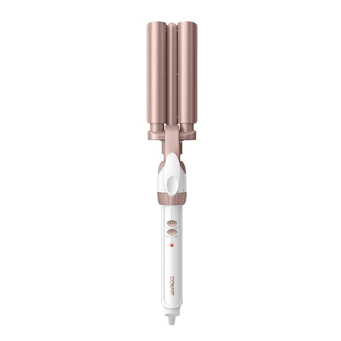 HotConair Curling Iron & Waver Hair Tool, Triple Barrel, White/Rose Gold | Double Ceramic Conair curling iron with 5/8" outer barrels, a 1/2" inner barrel, 30 heat settings, and auto-off function