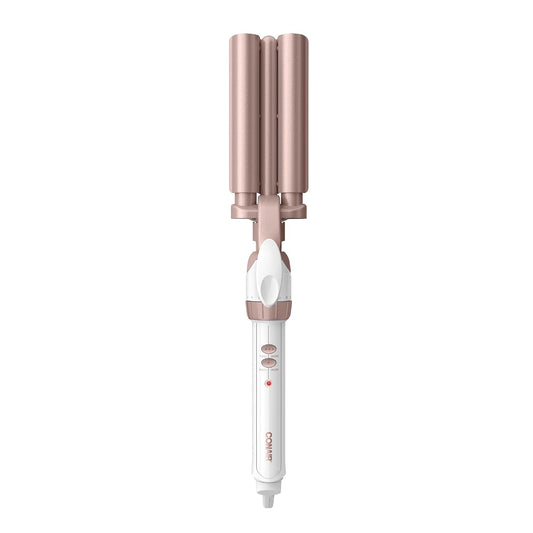 HotConair Curling Iron & Waver Hair Tool, Triple Barrel, White/Rose Gold | Double Ceramic Conair curling iron with 5/8" outer barrels, a 1/2" inner barrel, 30 heat settings, and auto-off function
