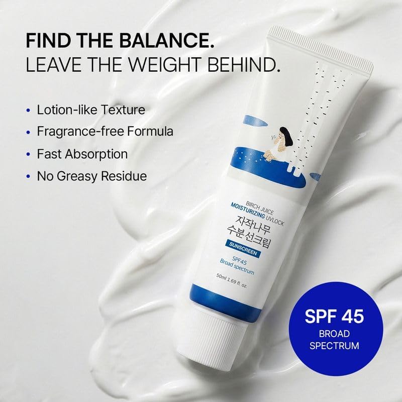 HotROUND LAB Birch Juice Moisturizing UV LOCK SPF 45, 1.69 Fl Oz, Hydrating Lotion-like Lightweight Glow Sunscreen for Sensitive Skin, No White Cast, Fragrance-Free, Protector Solar, Korean Sunscreen | Hydrating Glow Lightweight Sunscreen for Sensitive Sk