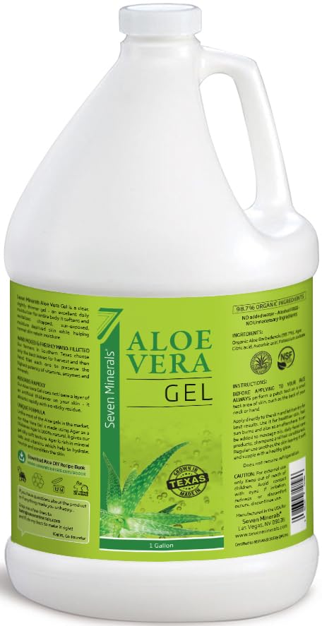 HotSeven Minerals Aloe Vera Gel with Freshly Cut Pure Organic Aloe - Big 12oz - Texas Grown, HighestQuality, Vegan, Unscented, Non-Sticky - After Sun, Skin & Face Moisturizer, Hair Mask