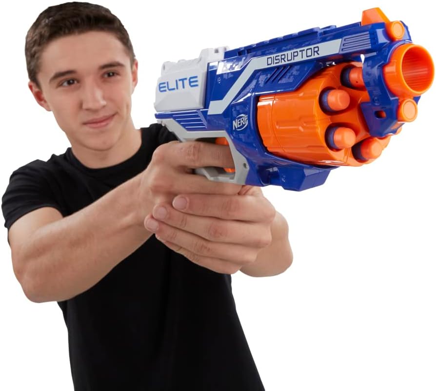 HotNERF Disruptor Elite Blaster - 6-Dart Rotating Drum, Slam Fire, Includes 6 Official Nerf Elite Darts - for Kids, Teens, Adults (Amazon Exclusive)