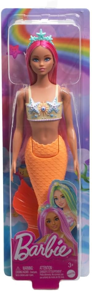 HotBarbie Fantasy Mermaid Doll and Fashions | Pink Fantasy Hair and Headband Accessory, Toy with Starfish-Inspired Bodice and Soft Orange Tail, Ages 3+
