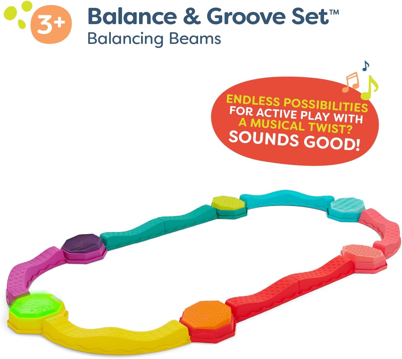 HotB. toys Balance Beam Set, Musical Wavy Beams & Sensory Stones, Summer | Balance & Groove Set with 8 wavy beams, 5 sensory stones, and 1 musical stepping stone for indoor or outdoor play, 3+ Years