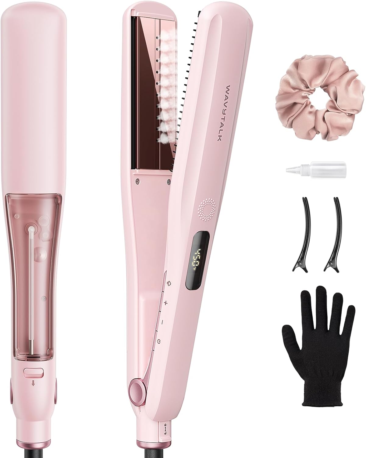 HotWavytalk Steam Hair Straightener 1.38'' with Detachable Comb for Silk Press | Steam Reduces Damage, Nourishes Hair & Expedites Straightening, Anti-humidity, Frizz Control, Nano Titanium Flat Iron, Pink