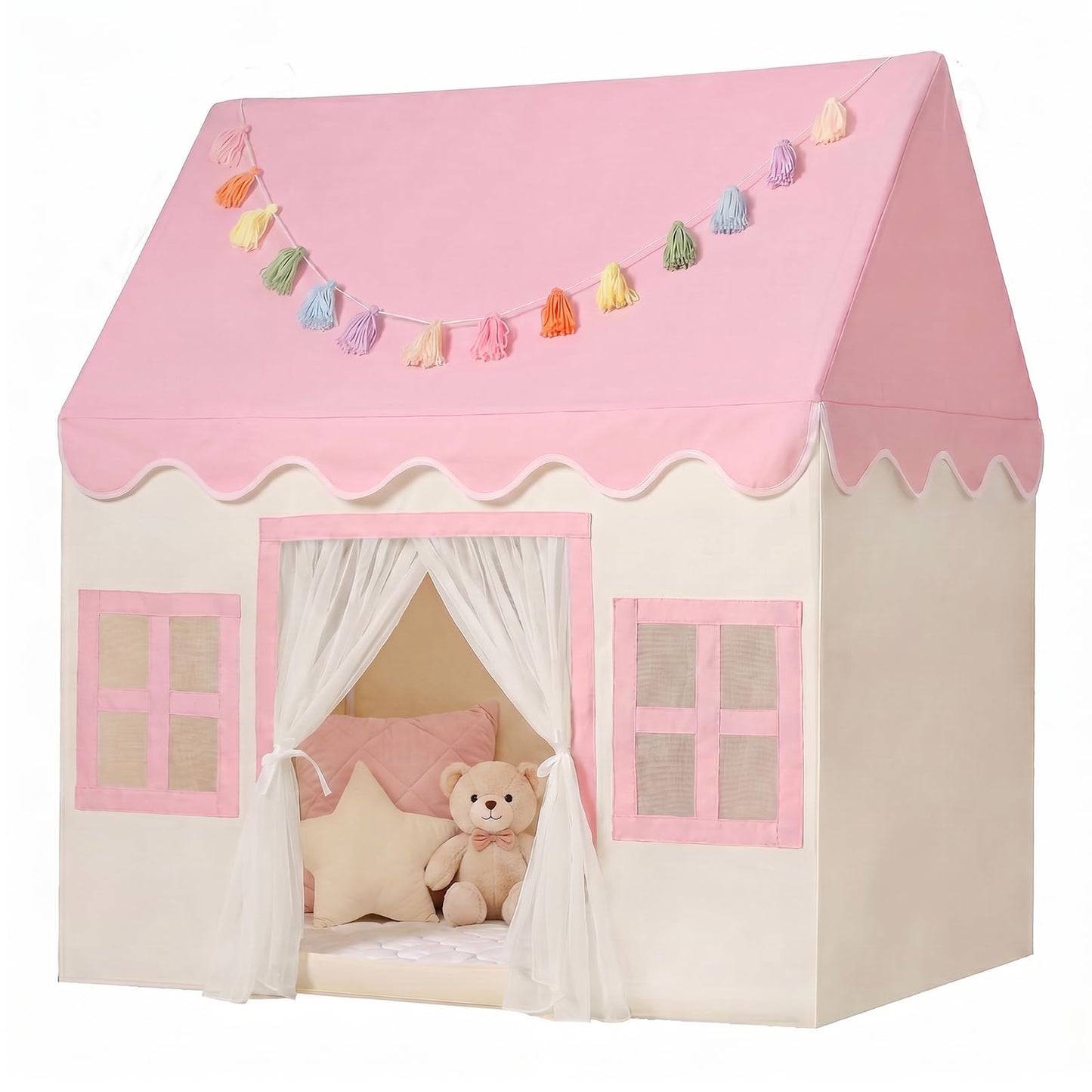 HotKids Play Tent Indoor: with Mat, Tassel Garland - Large Gray Kids Tent Indoor Playhouse for Kids Toys for Boy Girl Birthday Gift