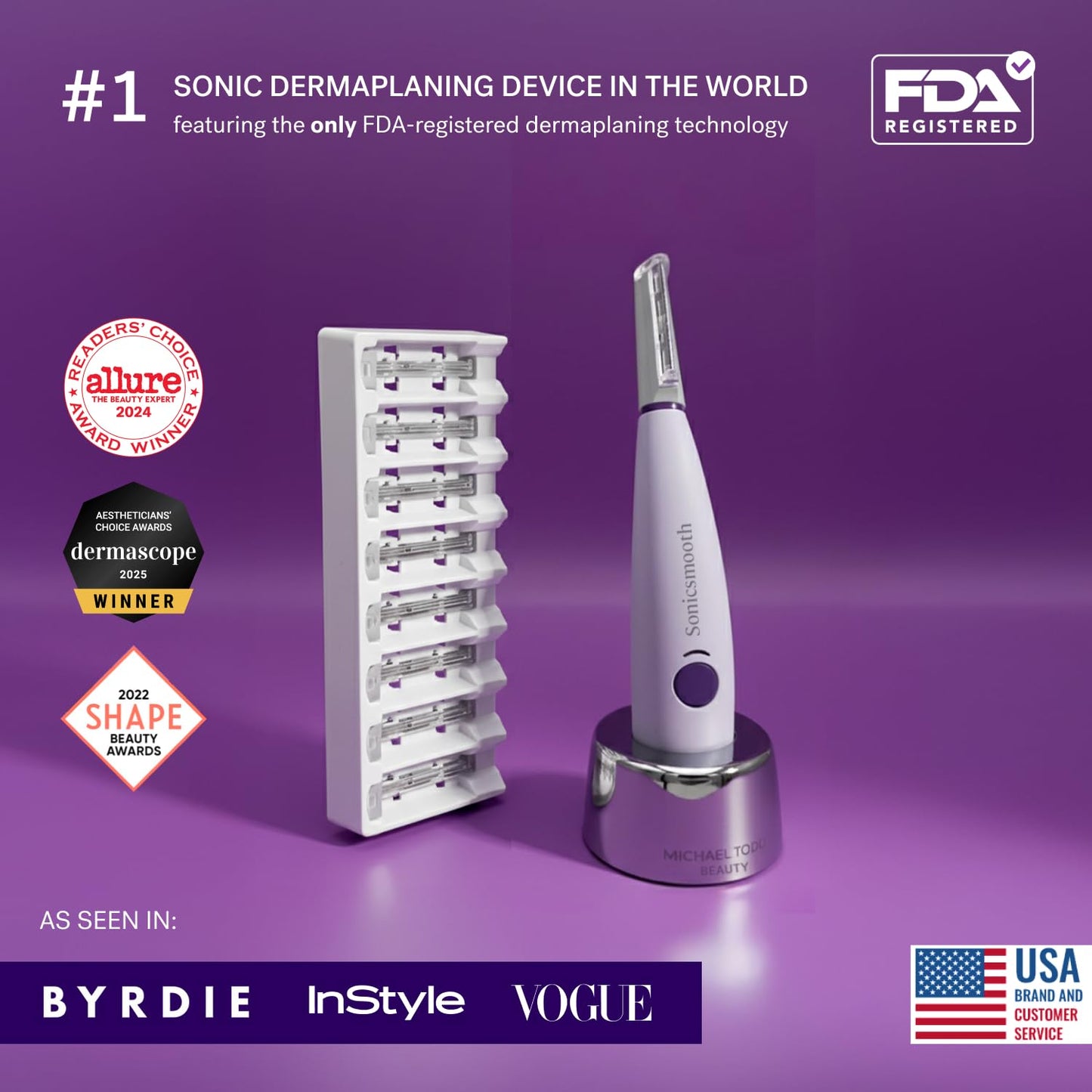 HotMichael Todd Beauty Sonicsmooth Dermaplane Razor for Women Face | Dermaplaning System + Eyebrow Trimmer, Peach Fuzz Remover, 8 Weeks of Dermaplaning Blades, 3-Year Warranty