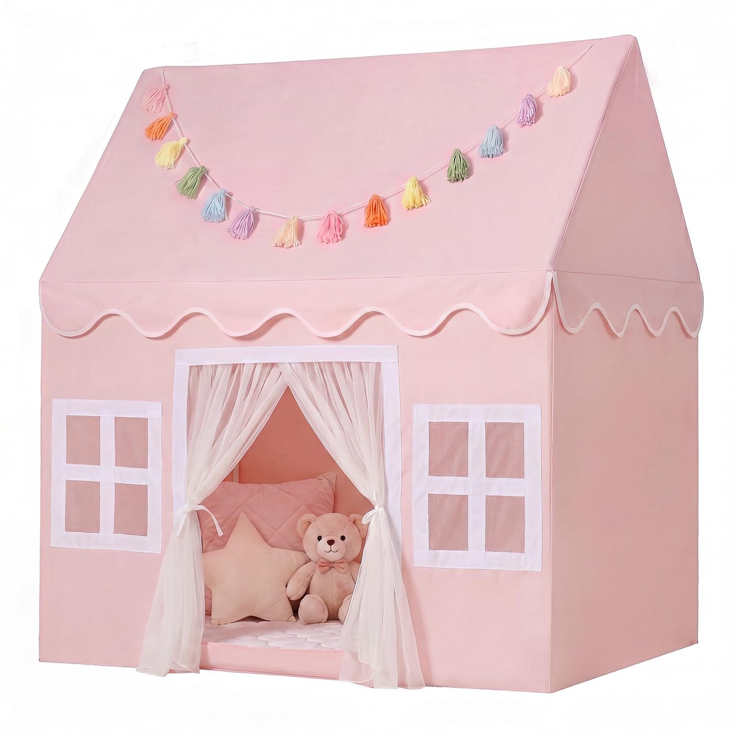 HotKids Play Tent Indoor: with Mat, Tassel Garland - Large Gray Kids Tent Indoor Playhouse for Kids Toys for Boy Girl Birthday Gift