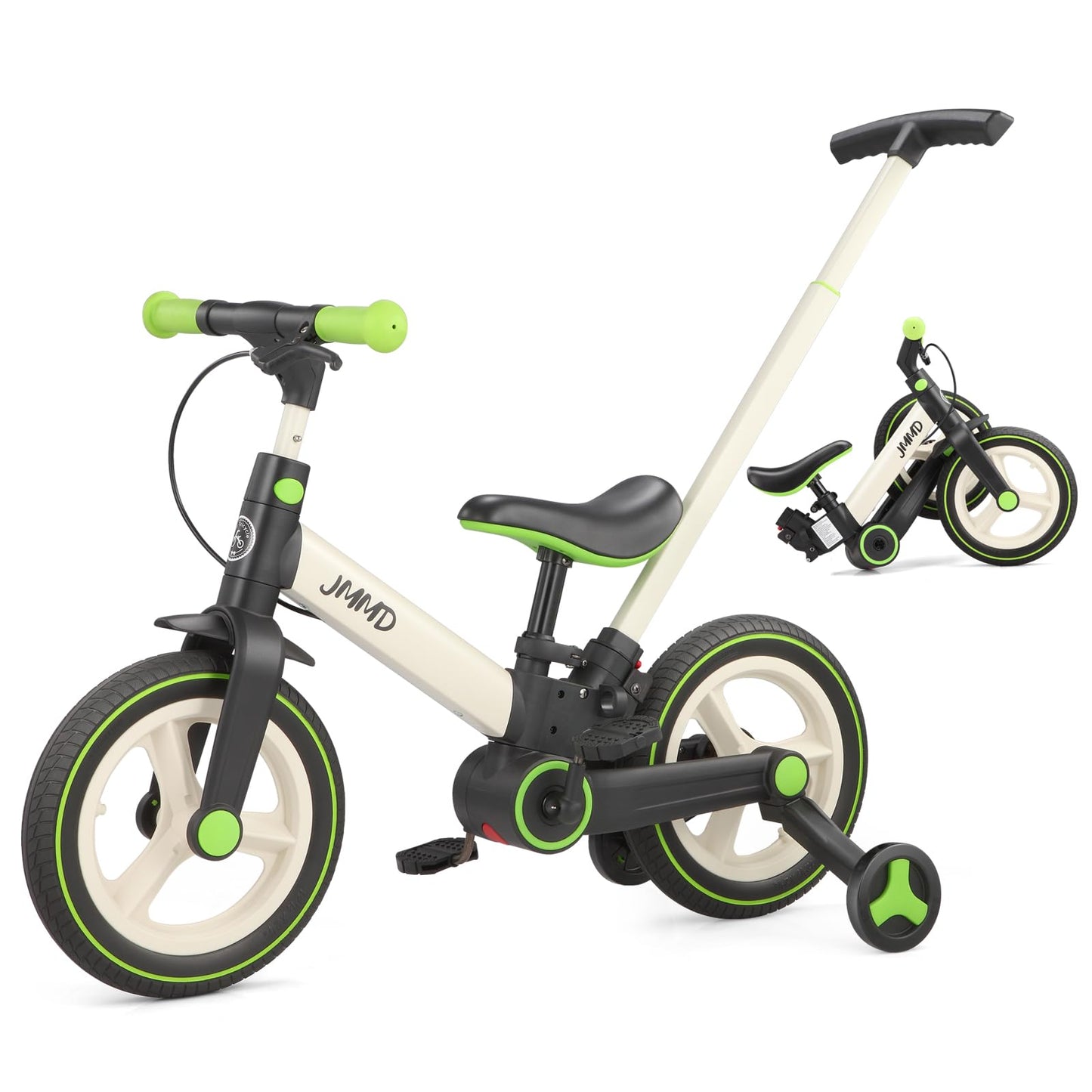 Hot JMMD 6 in 1 Toddler Bike with Push Handle for Kids 18-60 Months, 12" Foldable Balance Bike with Training Wheels, Pedals, Brakes, Kickstand, Push Tricycle Toddler Gift & Toys for Boy & Girl