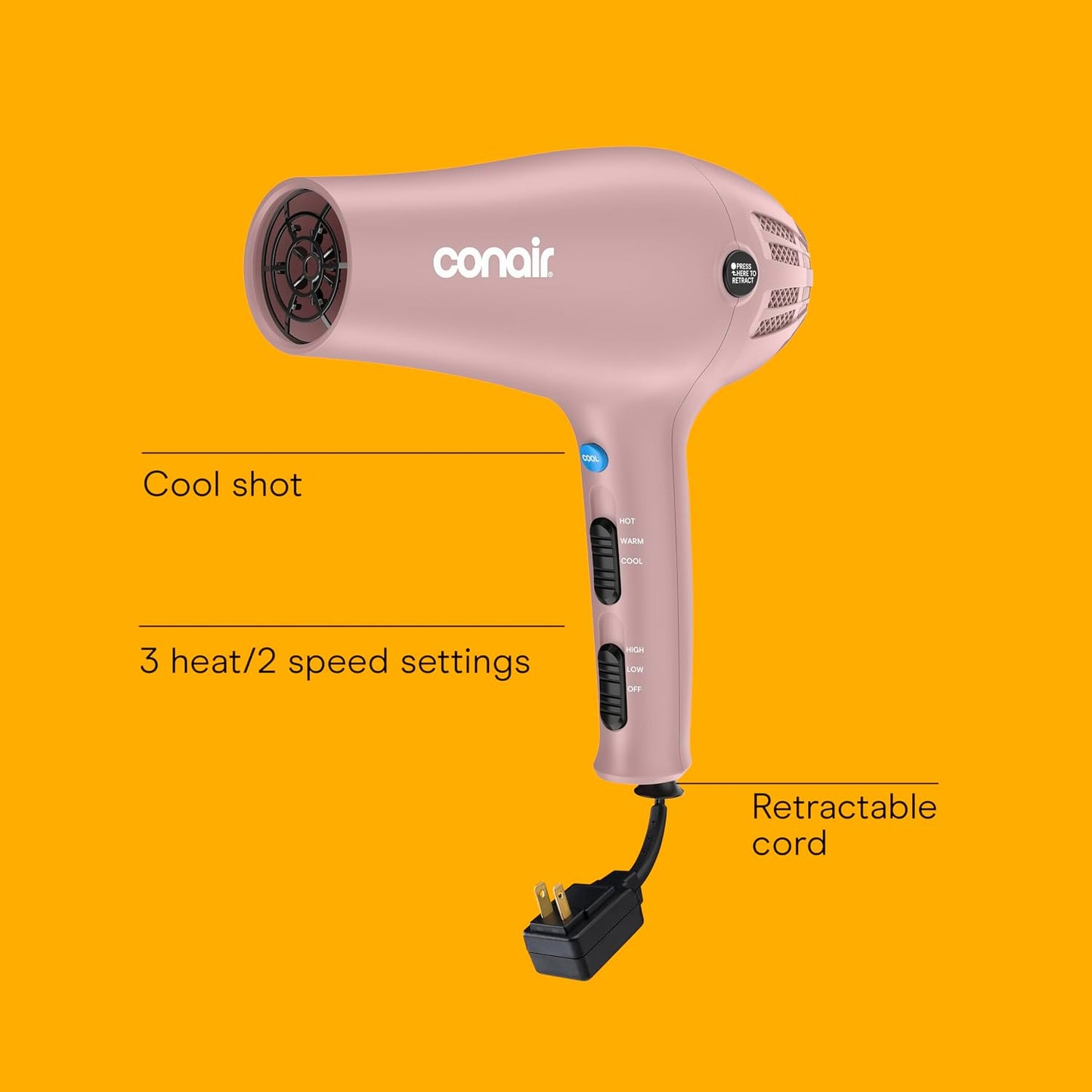 HotConair Hair Dryer with Diffuser & Concentrator, 1875W, Matte Light Pink | Blow dryer with ionic tourmaline technology, 3 heat settings, and 2 speed options to efficiently style all hair types