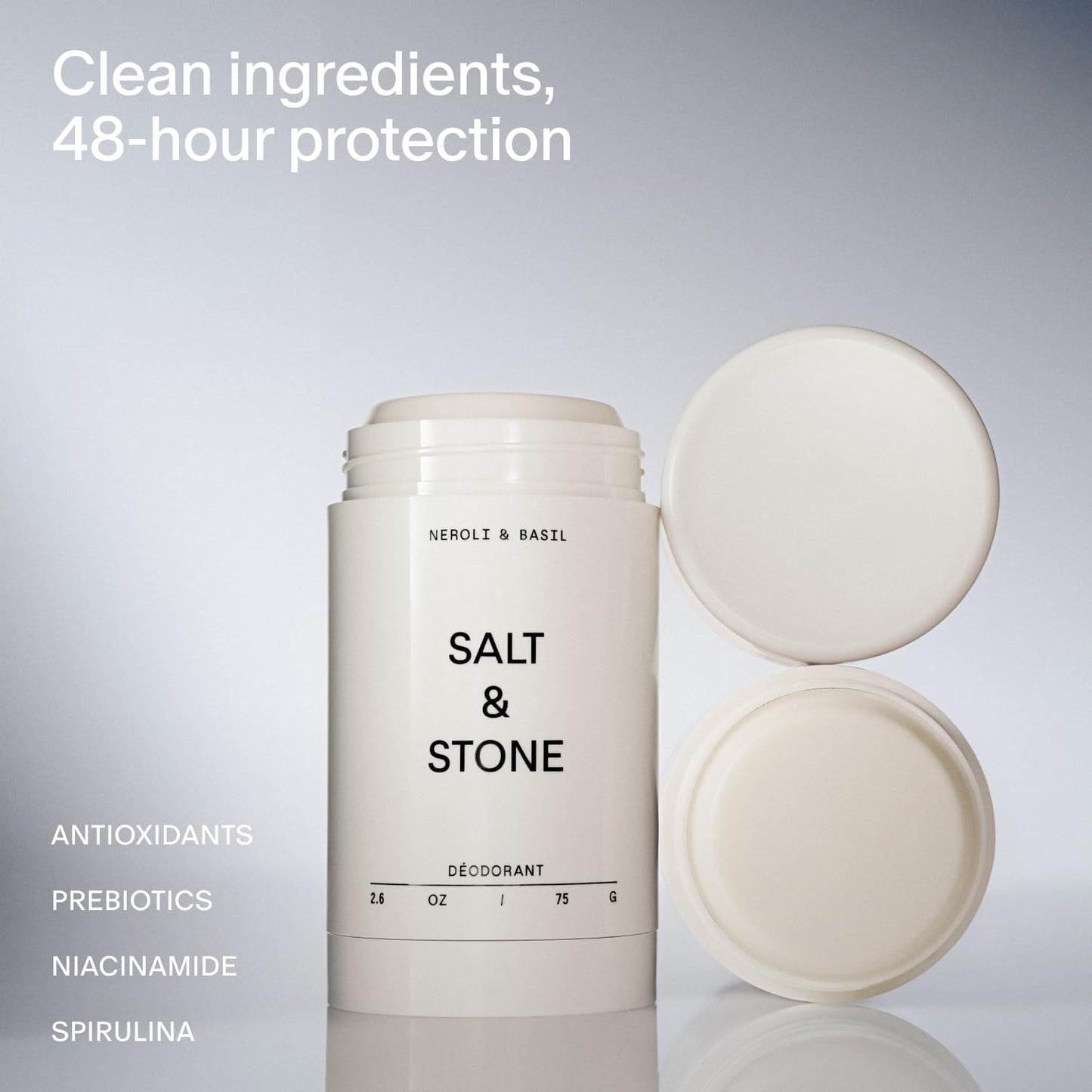 HotSalt & Stone Aluminum-Free Deodorant for Women & Men, Neroli & Basil 2.6 oz | Extra Strength 48 Hour Protection, Gender Neutral Scent, Made with Niacinamide, Spirulina, Magnesium & Antioxidants