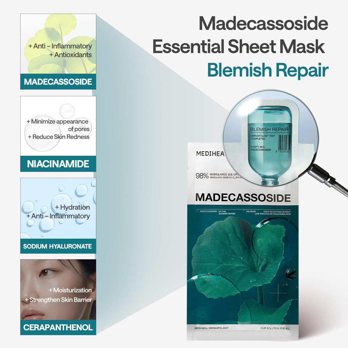 HotMEDIHEAL Madecassoside Essential Face Sheet Mask, Blemish Repair (10ea) | with Centella Asiatica, Ceramide for Soothing Care | Suitable for Sensitive Skin | Plastic-Free Vegan Sheet | Korean Skincare
