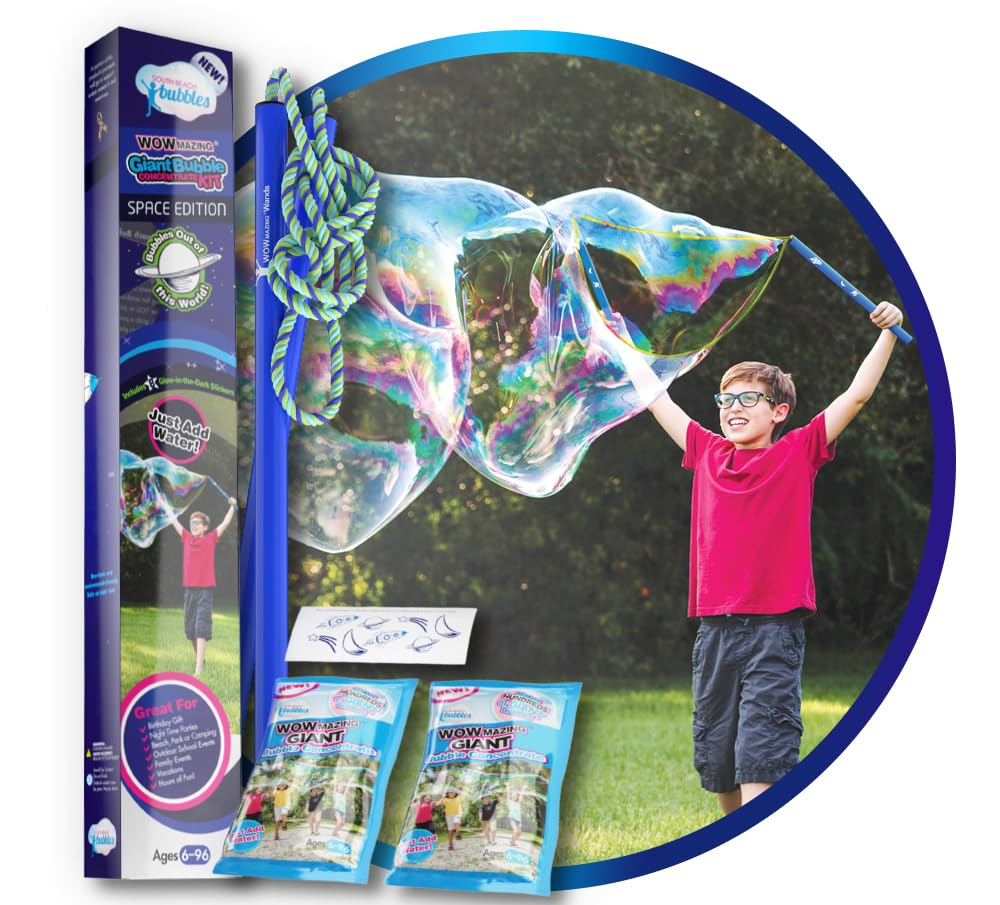Hot WOWmazing Giant Bubble Wands Kit: (4-Piece Set) | Incl. Wand, Big Bubble Concentrate and Tips & Trick Booklet | Outdoor Toy for Kids, Boys, Girls | Bubbles Made in The USA