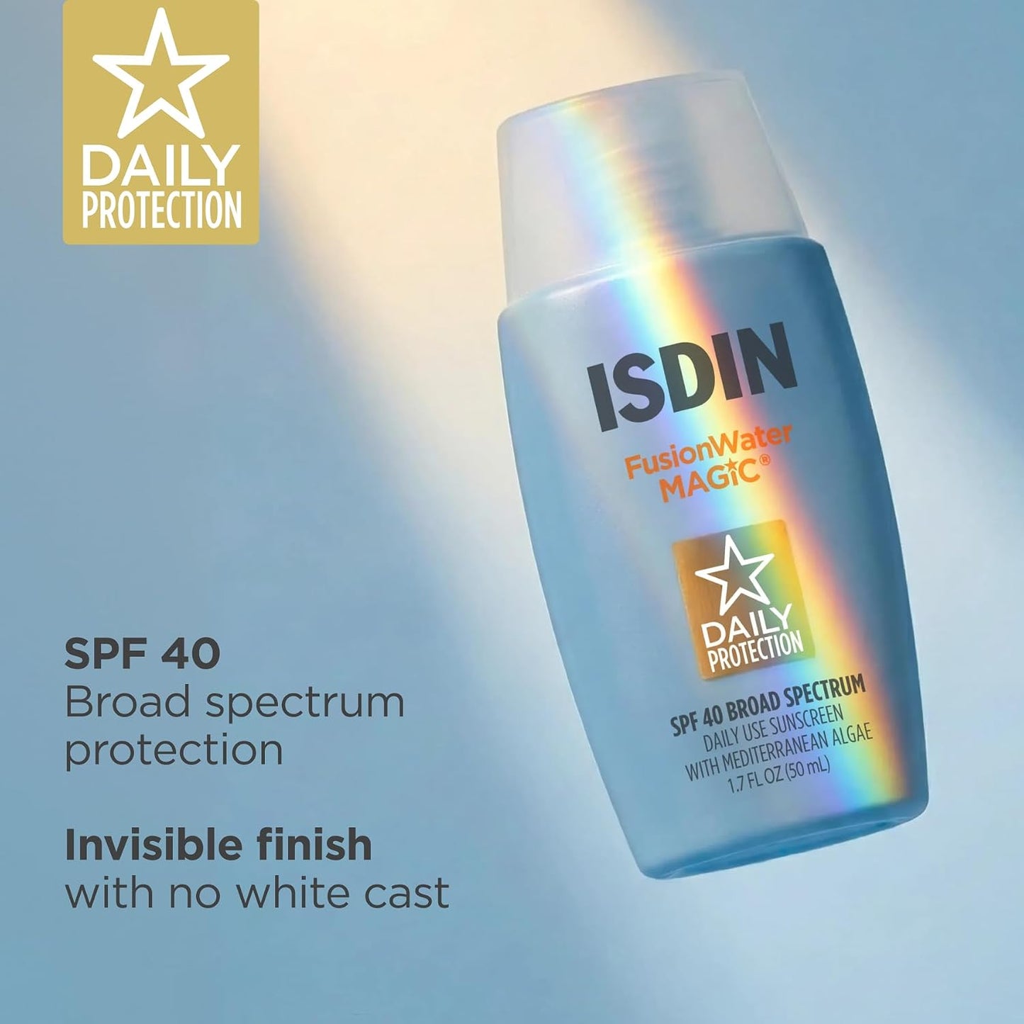 HotISDIN Fusion Water MAGIC SPF 40, Lightweight Sunscreen For Face with Hyaluronic Acid and Vitamin E, Ideal for Daily Use, Dermatologist Recommended, Fast Absorbing and Non-Comedogenic