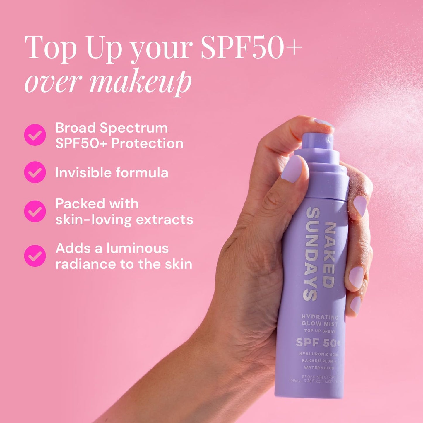 HotNaked Sundays SPF 50 Hydrating Glow Sunscreen Mist for Face, SPF Setting Spray with Hyaluronic Acid, Makeup Setting Spray, Lightweight, Non-Greasy Hydration, 75ml