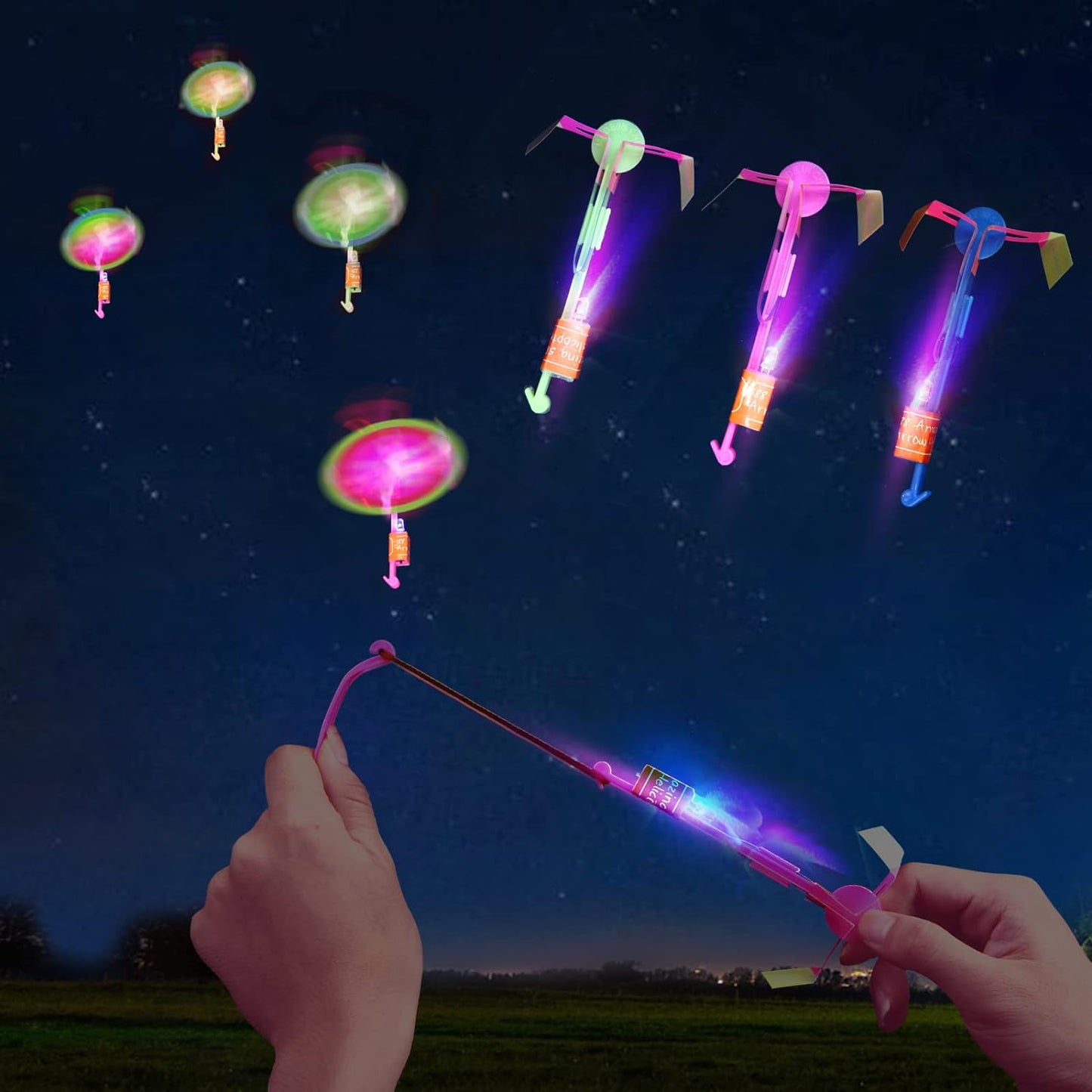 Hotlpvoqpth 25 Sets LED Flying Set, 25 Slingshot+25 Glow Helicopter-50 Pcs, Flying Toy Outdoor Toys Glow in the Dark Party Supplies Party Favors for Kids 8-12,4-8
