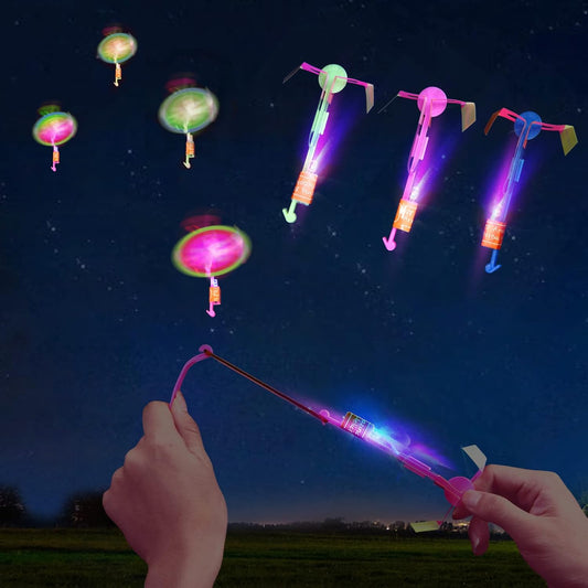 Hotlpvoqpth 25 Sets LED Flying Set, 25 Slingshot+25 Glow Helicopter-50 Pcs, Flying Toy Outdoor Toys Glow in the Dark Party Supplies Party Favors for Kids 8-12,4-8