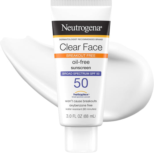 HotNeutrogena Clear Face Sunscreen Lotion SPF 50 for Acne-Prone Skin Broad Spectrum UVA UVB Protection Oil-Free No-Fragrance No-Oxybenzone Water-Resistant Daily Face Moisturizer, 3 fl oz
