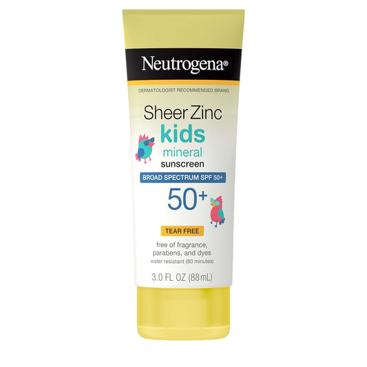HotNeutrogena Kids Mineral Sunscreen Sheer Zinc Oxide Lotion, Broad Spectrum SPF 50 with UVA/UVB Protection, Water Resistant for 80 Minutes, Fragrance and Tear Free, 3 FL OZ