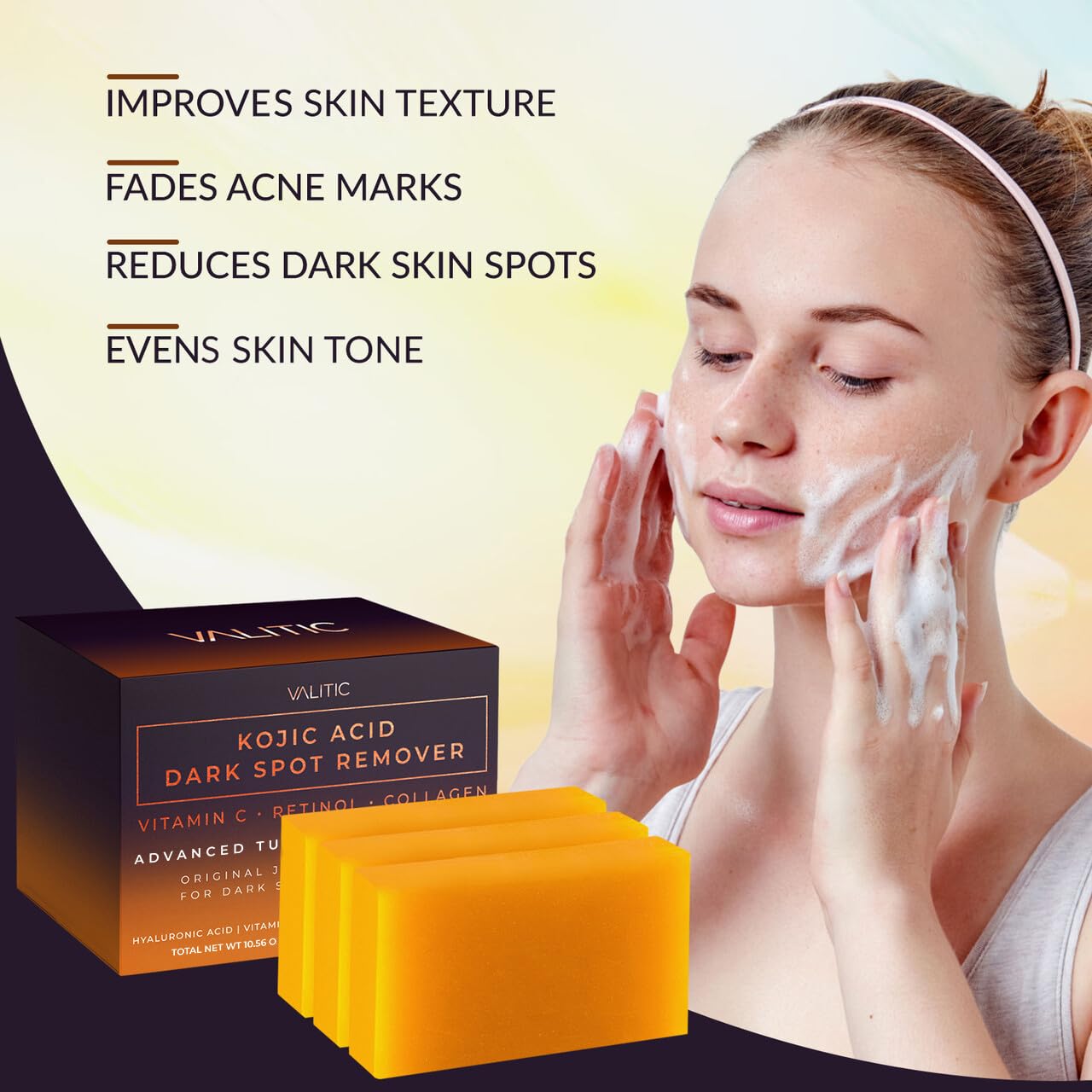 HotValitic Kojic Acid Dark Spot Remover Soap Bars with Vitamin C, Retinol, Collagen, Turmeric - Original Japanese Complex Infused with Hyaluronic Acid, Vitamin E, Shea Butter, Castile Olive Oil (3 Pack)