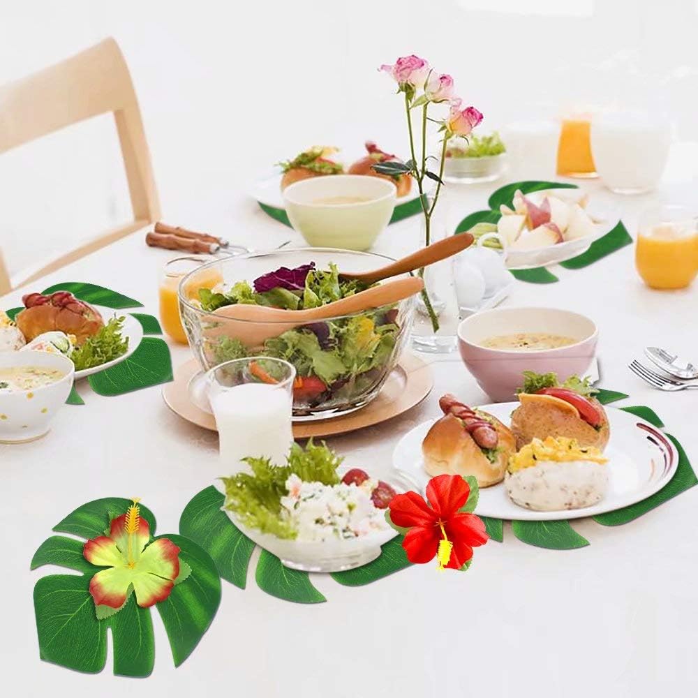 Hot UMIKU 60Pcs Luau Party Decorations Tropical Hawaiian Supplies Palm Leaves | Hibiscus Flowers Simulation Artificial Leaf for Safari Party Jungle Beach Theme BBQ Birthday Party Decorations Table Decor