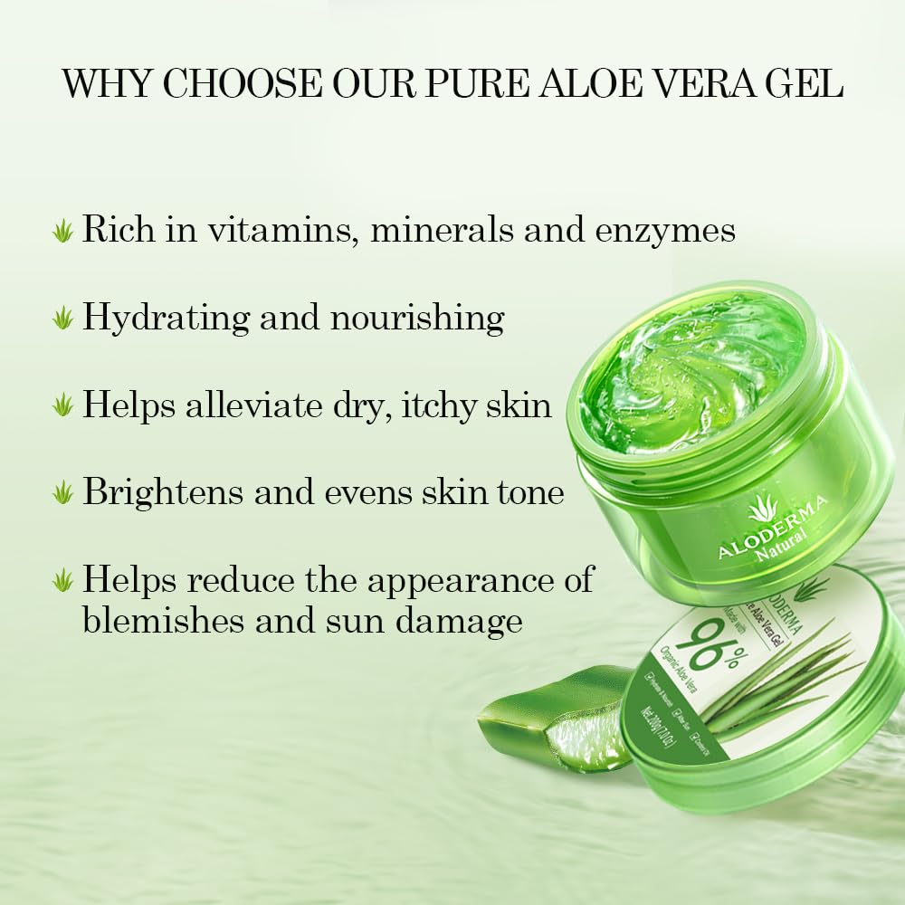 HotAloderma Aloe Vera Gel Made within 12 Hours of Harvest with 96% Pure Organic Aloe Vera for Skin, Scalp, & Hair, Soothing Aloe Face Moisturizer, Multipurpose, Hydrating Aloe Gel, 7.05oz