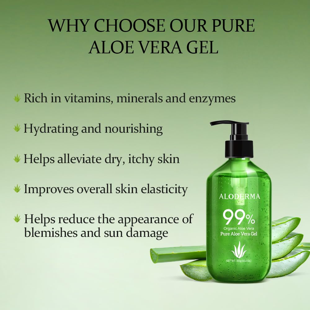HotAloderma Aloe Vera Gel Made within 12 Hours of Harvest with 99% Pure Organic Aloe Vera - Pump Bottle - Ideal for Face and Body, Soothing & Hydrating Sunburn Relief, Great for Scalp & Hair - 10.6oz