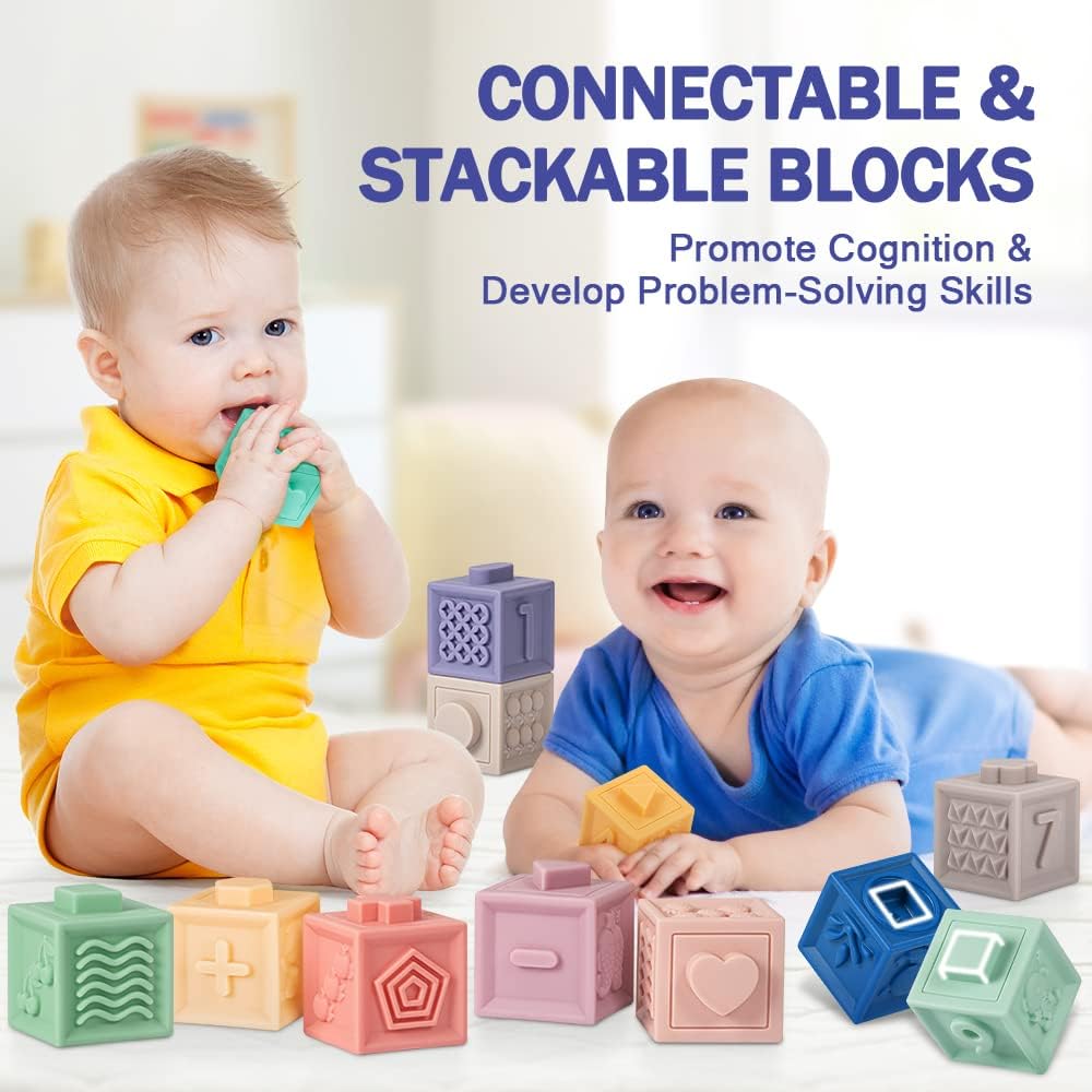 HotJyusmile Baby Toys 6-12 Months, Montessori Toy for Babies 6-12 Months, Incl Stacking Building Blocks & Soft Infant Teething Toys & Sensory Balls for Toddlers 0-3-6-9-12 Month